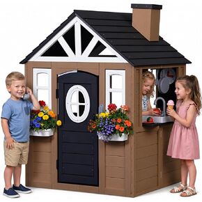 Kids Outdoor Playhouse, 9-in-1 Cedar Wooden Playhouse with Kitchen Set, Snack Bar, Dog Door, Working Doorbell, Toy Phone, Blakboard, Markers & Flower Holders, for Kids 3-8 Y(Brown) in Kuwait