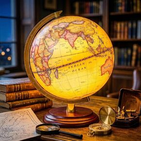 World Globe with Weighted Solid Wood Base - 8" HD Printing Illuminated Antique Desk Decor - Flicker-Free Eye-Care LED Light Up Vintage Globe - Sturdy Metal Meridian World Sphere for Adults & Kids in Saudi Arabia