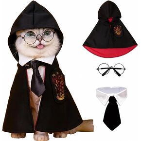 Small Dog Halloween Costumes - Adjustable Dog Cat Wizard Costume,Pet Hooded Cape Glasses Necktie Set,Puppy Kitten Halloween Costumes Boy Girl,Chihuahua Yorkie Clothes,Black Red Magician Cosplay Outfit in Kuwait