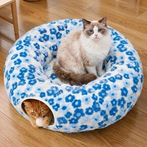 Meowfia Indoor Cat Tunnel with Donut Bed - Large Flexible Play Space for Multiple Pets - Circle or Snake Shape, Cozy Lounge (Azure Check) in Kuwait