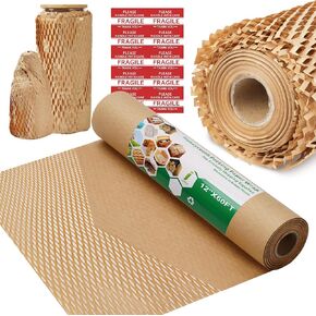 Honeycomb Packing Paper Wrap 12"x60' Recycled Bubble Cushioning Wrap Roll Eco Friendly Shipping Boxes Moving Wrap Packing Supplies Material with 10 Fragile Sticker Labels in Saudi Arabia