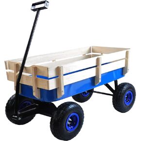 Heavy Duty Steel Wooden Side Support Cargo Wagon with 10" All-Terrain Air Tires, Up to 176lb Haul Capacity, Effortless Foldable Handle Cart for Towing Kids Toys, Gardening Supplies (Blue) in Saudi Arabia