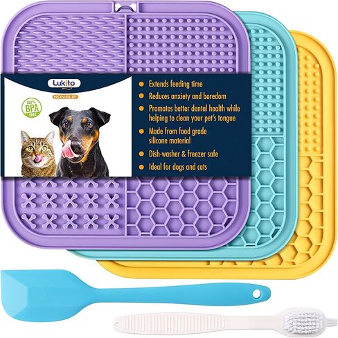 LUKITO 3PCS Lick Mat for Dogs and Cats, Licking Mat with Suction Cups for Anxiety Relief, Cat Peanut Butter Lick Pad for Boredom Reducer, Dog Enrichment Toy, Dog Lick Mat for Bathing Grooming in Kuwait