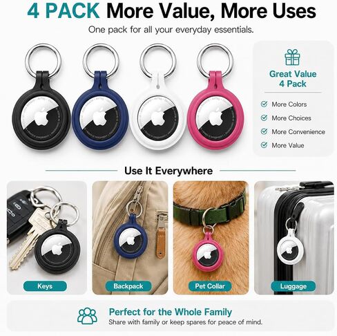 PZOZ (4 Pack) AirTag Case Keychain Built-in Screen Protector Holder Compatible with Apple AirTag, Hard Plastic Waterproof Anti-Lost Cover Accessories, Finder for Kids Dog Collar Keys Ring(Multi-Color) in Kuwait