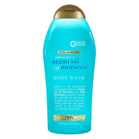 OGX Radiant Glow + Argan Oil of Morocco Extra Hydrating Body Wash for Dry Skin, Moisturizing Gel Body Cleanser for Silky Soft Skin, Paraben-Free, Sulfate-Free Surfactants, 19.5 fl oz in Kuwait
