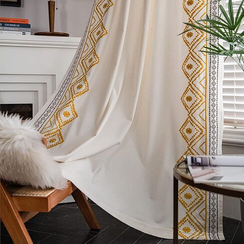 ColorBird Boho Curtains Floor to Ceiling for Living Room, Yellow Embroidered Decorative Textured Rod Pocket 96 Inches Curtains & Drapes for Bedroom Sliding Door Dining Room in Kuwait