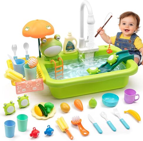 Play Sink with Running Water,Indoor & Outdoor Kids Play Water Toy with Upgraded Electric Faucet,Water Table Accessories for Toddlers,Floating Fishing Water Toys,Pretend Play Dishwasher for Kids in Kuwait