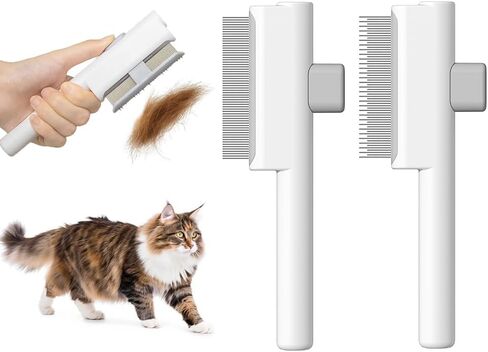 Marchul 2Pcs Pet Comb Flea Comb Set for Cats Dogs, Cat Grooming Brush with Release Button and Stainless Steel Round Teeth, Self-Cleaning Dog Combs for Removing Pet Hair, Knots & Loose Fur, White in Kuwait