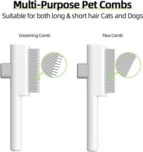 Marchul 2Pcs Pet Comb Flea Comb Set for Cats Dogs, Cat Grooming Brush with Release Button and Stainless Steel Round Teeth, Self-Cleaning Dog Combs for Removing Pet Hair, Knots & Loose Fur, White in Kuwait