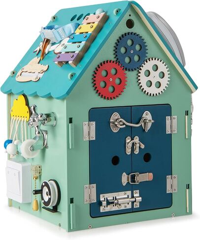 Costzon Montessori Busy House Toy, Wooden Multi-Purpose Play House w/Interior Storage Space & Sensory Games for Fine Motor Skills, Educational Learning Toy for Boys & Girls Age 3 + (Blue) in Kuwait