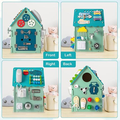 Costzon Montessori Busy House Toy, Wooden Multi-Purpose Play House w/Interior Storage Space & Sensory Games for Fine Motor Skills, Educational Learning Toy for Boys & Girls Age 3 + (Blue) in Kuwait