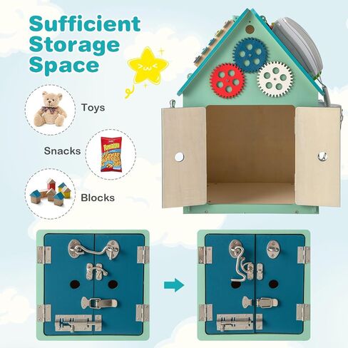Costzon Montessori Busy House Toy, Wooden Multi-Purpose Play House w/Interior Storage Space & Sensory Games for Fine Motor Skills, Educational Learning Toy for Boys & Girls Age 3 + (Blue) in Kuwait