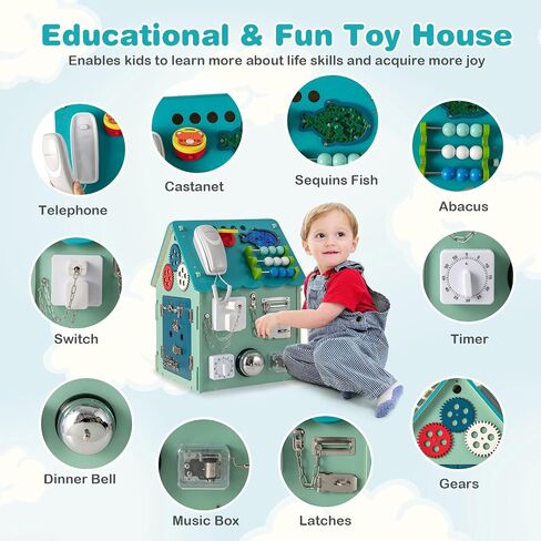 Costzon Montessori Busy House Toy, Wooden Multi-Purpose Play House w/Interior Storage Space & Sensory Games for Fine Motor Skills, Educational Learning Toy for Boys & Girls Age 3 + (Blue) in Kuwait