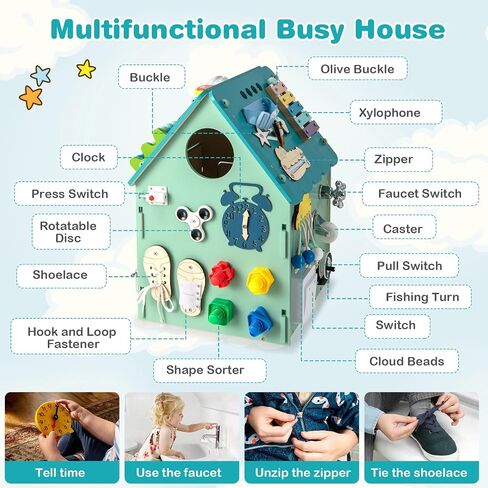 Costzon Montessori Busy House Toy, Wooden Multi-Purpose Play House w/Interior Storage Space & Sensory Games for Fine Motor Skills, Educational Learning Toy for Boys & Girls Age 3 + (Blue) in Kuwait