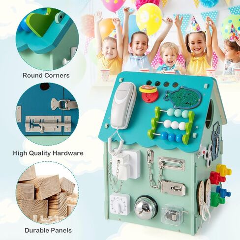 Costzon Montessori Busy House Toy, Wooden Multi-Purpose Play House w/Interior Storage Space & Sensory Games for Fine Motor Skills, Educational Learning Toy for Boys & Girls Age 3 + (Blue) in Kuwait