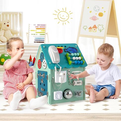 Costzon Montessori Busy House Toy, Wooden Multi-Purpose Play House w/Interior Storage Space & Sensory Games for Fine Motor Skills, Educational Learning Toy for Boys & Girls Age 3 + (Blue) in Kuwait