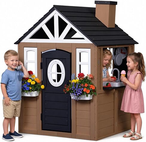 Kids Outdoor Playhouse, 9-in-1 Cedar Wooden Playhouse with Kitchen Set, Snack Bar, Dog Door, Working Doorbell, Toy Phone, Blakboard, Markers & Flower Holders, for Kids 3-8 Y(Brown) in Kuwait