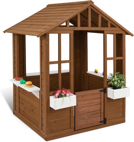 GLACER Outdoor Playhouse, Wooden Kids Play House w/Picnic Bench in Kuwait
