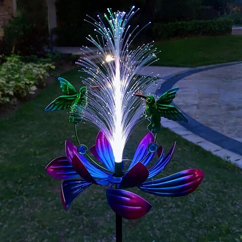 Solar Hummingbird Wind Spinners, Solar Firework Lights Garden Décor, Metal Lotus Flower Windmill Colour Changing Optical Fiber Lights Yard Decoration, Outdoor Wind Sculpture for Lawn Patio,Balcony in Kuwait