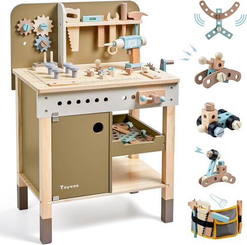 Toywoo Kids Tool Set,Wooden Tools Bench with Apron Toy Workbench with Realistic Tools Electric Drill STEM Construction Toy Gifts for Age 3-9 Boys Girls in Kuwait