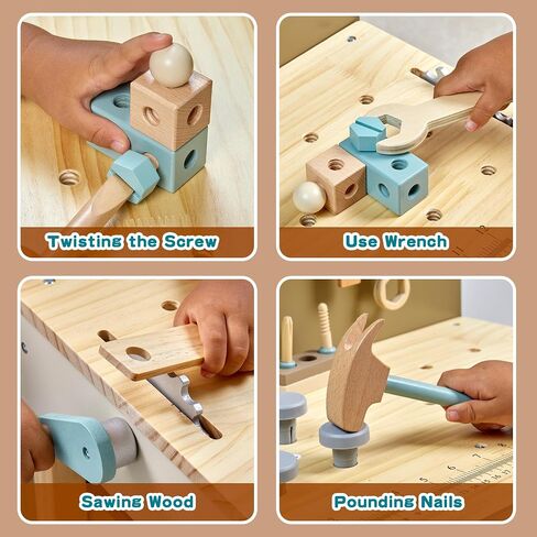 Toywoo Kids Tool Set,Wooden Tools Bench with Apron Toy Workbench with Realistic Tools Electric Drill STEM Construction Toy Gifts for Age 3-9 Boys Girls in Kuwait