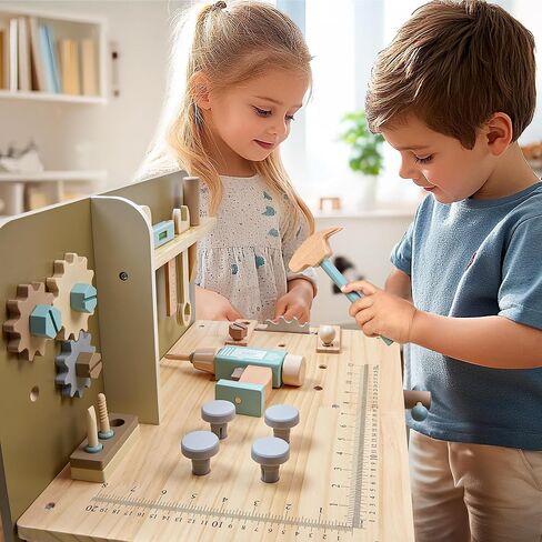Toywoo Kids Tool Set,Wooden Tools Bench with Apron Toy Workbench with Realistic Tools Electric Drill STEM Construction Toy Gifts for Age 3-9 Boys Girls in Kuwait