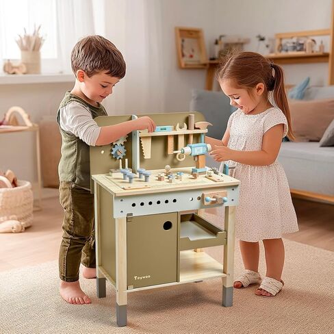 Toywoo Kids Tool Set,Wooden Tools Bench with Apron Toy Workbench with Realistic Tools Electric Drill STEM Construction Toy Gifts for Age 3-9 Boys Girls in Kuwait
