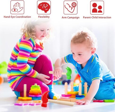 Fowecelt 2 Pack Wooden Hammer Toys Simulation Hammers Maintenance Tools Educational Toys for Birthday Party Games Supplies(Red & Green) in Kuwait