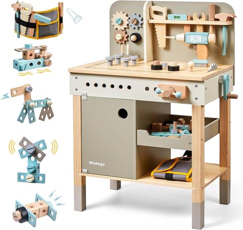 medoga Kids Tool Bench,Wooden Play Tools Set with Kids Tool Belt Workbench Pretend Construction Tools Set Wooden Toy Drill Gift for Boys & Girls Age 3-12 in Kuwait
