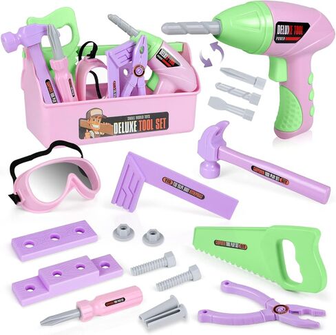 Kids Tool Set - Toddler Tool Playset with Toy Drill, Toy Tool Box, Construction Tools - Pretend Play Toddler Girl Toys Gifts for Toddlers Kids Aged 3 4 5 6 (Pink Tools) in Kuwait