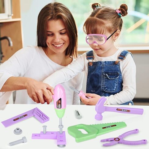Kids Tool Set - Toddler Tool Playset with Toy Drill, Toy Tool Box, Construction Tools - Pretend Play Toddler Girl Toys Gifts for Toddlers Kids Aged 3 4 5 6 (Pink Tools) in Kuwait