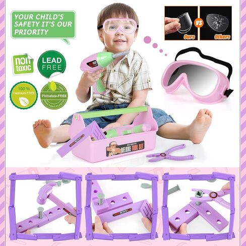 Kids Tool Set - Toddler Tool Playset with Toy Drill, Toy Tool Box, Construction Tools - Pretend Play Toddler Girl Toys Gifts for Toddlers Kids Aged 3 4 5 6 (Pink Tools) in Kuwait