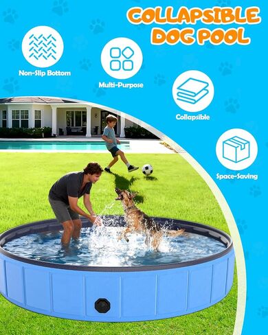 Instraella 79"x16" Dog Pool for Large Dogs, Heavy Duty Hard-Side Foldable Pet Pool, Non-Slip Collapsible Dog Bathing Tub with Drain, Portable Kiddie & Dog Swimming Pool for Outdoor & Indoor Use in Kuwait