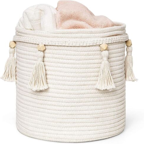 Mkono Macrame Decorative Cotton Rope Basket Boho Cute Woven Tassel Closet Storage Bins Organizer for Nursery,Baby Toys,Magazines, Potted Plants Cover,Living Room,Bedroom,Home Decor 11"x11",Small in Kuwait