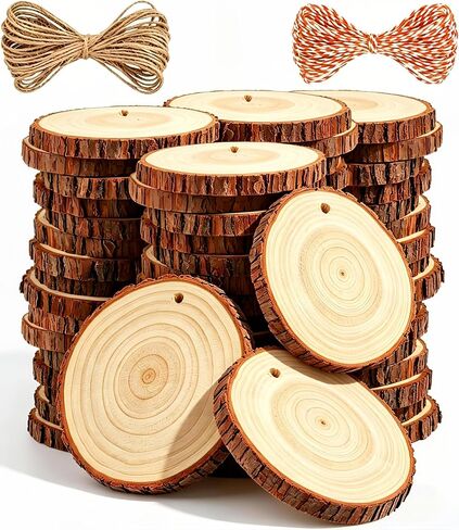 شرائح الخشب الطبيعي TICIOSH Craft مجموعة خشبية غير مكتملة مثقوبة مسبقًا مع دوائر خشبية ثقب للحرف اليدوية زينة الزفاف عيد الميلاد الحلي الفنون شرائح الخشب (50 قطعة 2.8-3.1 بوصة) in Kuwait