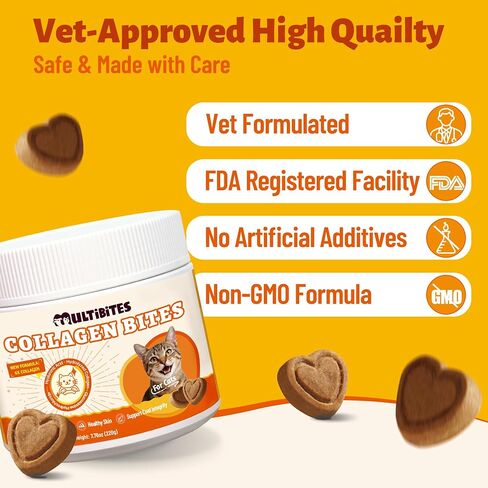 7.76 oz Collagen Bites for Cats - Cat Collagen Supplements with Glucosamine, Taurine & Omega 3 - Joint Health,Skin Coat & Immune Support - Pet Vitamins and Supplements in Saudi Arabia
