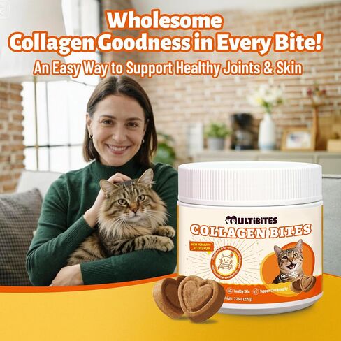 7.76 oz Collagen Bites for Cats - Cat Collagen Supplements with Glucosamine, Taurine & Omega 3 - Joint Health,Skin Coat & Immune Support - Pet Vitamins and Supplements in Saudi Arabia