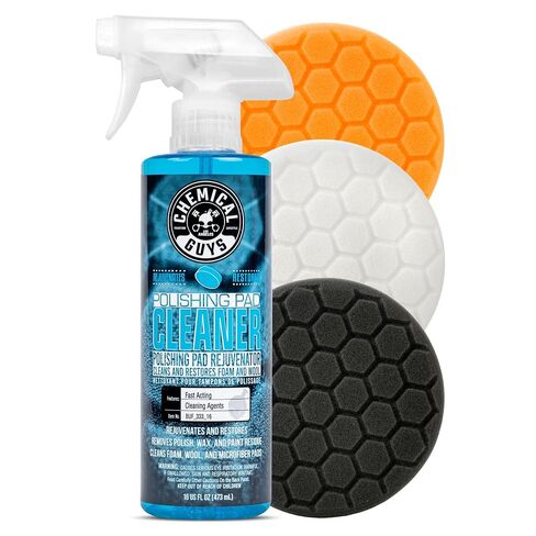 Chemical Guys 6.5" Buffing Pad Sampler Kit - 4 Piece Detailing Set with 3 Professional Foam Pads and 16 oz Polishing Pad Cleaner - Works with Dual Action and Rotary Polishers Using 6" Backing Plates in Saudi Arabia