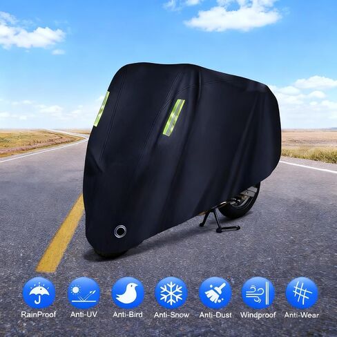 Motorcycle Cover All Season,Universal Weather Quality Waterproof Sun Outdoor Protection Scooter Shelter Tear Proof Night Reflective & Lock-Holes Storage Bag Fits up to 105" Motorcycles Vehicle in Kuwait
