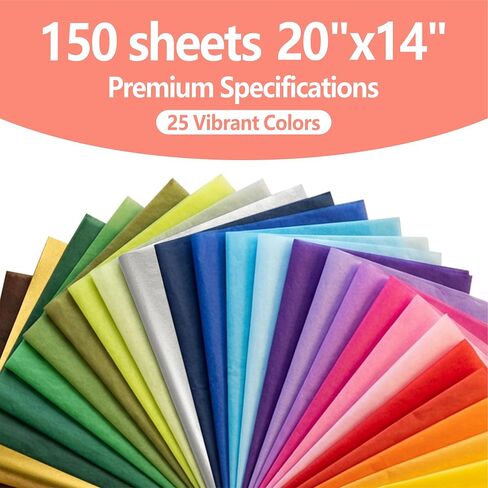Bobobag 150 Sheets Colored Tissue Paper, 20X14 inch Christmas Tissue Paper for Gift Bags,Gold Silver Red Green Yellow White Black Gift Wrapping(25 Colors) in Kuwait