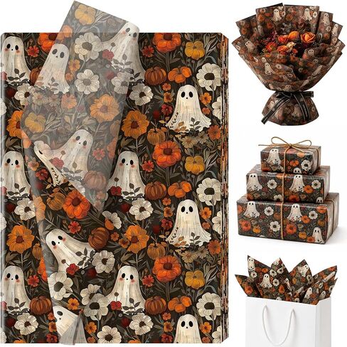 60 Sheets Boho Ghost Floral Tissue Paper, 13.8 x 19.7'' Boho Ghost Floral Pumpkin Patterns Gift Wrapping Paper for Halloween DIY Craft Autumn Party Supplies in Saudi Arabia