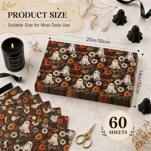 60 Sheets Boho Ghost Floral Tissue Paper, 13.8 x 19.7'' Boho Ghost Floral Pumpkin Patterns Gift Wrapping Paper for Halloween DIY Craft Autumn Party Supplies in Saudi Arabia