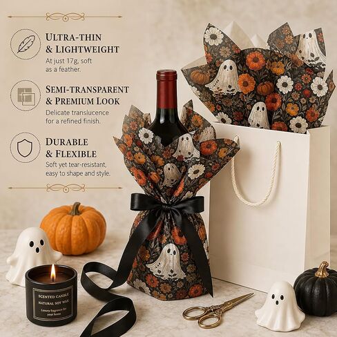 60 Sheets Boho Ghost Floral Tissue Paper, 13.8 x 19.7'' Boho Ghost Floral Pumpkin Patterns Gift Wrapping Paper for Halloween DIY Craft Autumn Party Supplies in Saudi Arabia