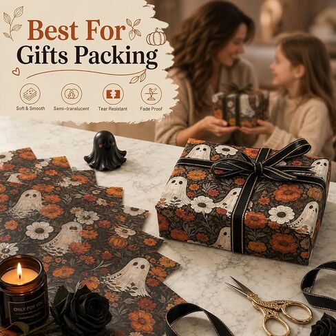 60 Sheets Boho Ghost Floral Tissue Paper, 13.8 x 19.7'' Boho Ghost Floral Pumpkin Patterns Gift Wrapping Paper for Halloween DIY Craft Autumn Party Supplies in Saudi Arabia