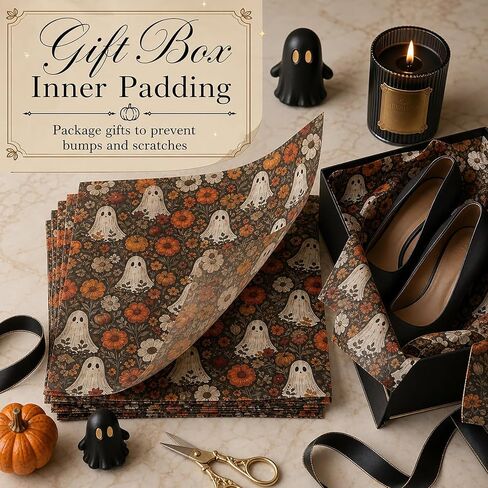 60 Sheets Boho Ghost Floral Tissue Paper, 13.8 x 19.7'' Boho Ghost Floral Pumpkin Patterns Gift Wrapping Paper for Halloween DIY Craft Autumn Party Supplies in Saudi Arabia