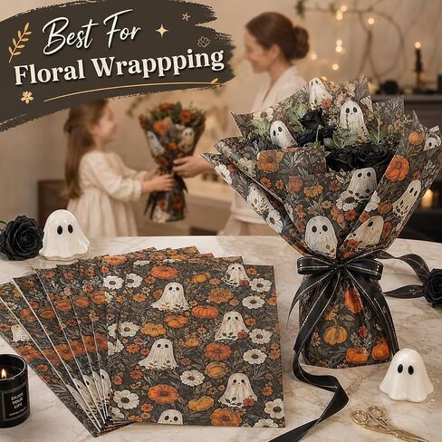 60 Sheets Boho Ghost Floral Tissue Paper, 13.8 x 19.7'' Boho Ghost Floral Pumpkin Patterns Gift Wrapping Paper for Halloween DIY Craft Autumn Party Supplies in Saudi Arabia