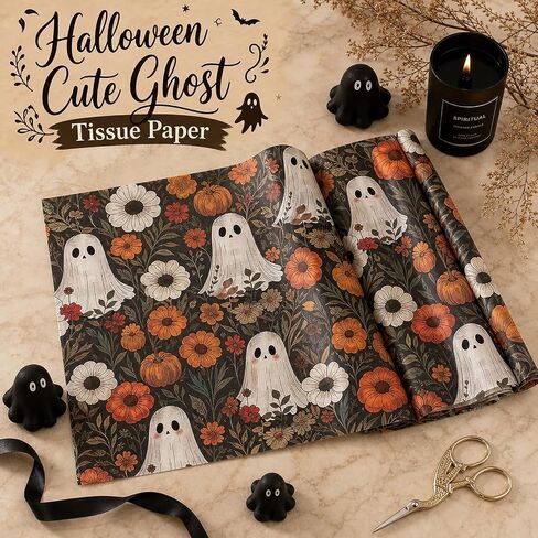60 Sheets Boho Ghost Floral Tissue Paper, 13.8 x 19.7'' Boho Ghost Floral Pumpkin Patterns Gift Wrapping Paper for Halloween DIY Craft Autumn Party Supplies in Saudi Arabia