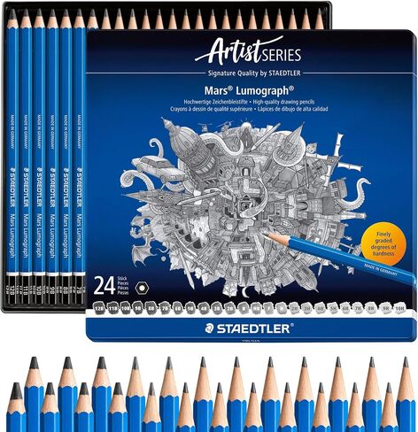 مجموعة أقلام رصاص للفنانين من STAEDTLER Mars Lumograph Graphite، 12 درجة (8B، 7B، 6B، 5B، 4B، 3B، 2B، B، HB، F، H، 2H)، ممحاة بلاستيكية مارس، 61 100 P in Kuwait
