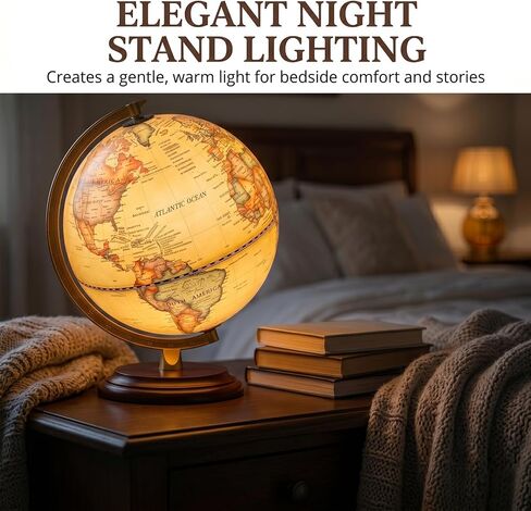 World Globe with Weighted Solid Wood Base - 8" HD Printing Illuminated Antique Desk Decor - Flicker-Free Eye-Care LED Light Up Vintage Globe - Sturdy Metal Meridian World Sphere for Adults & Kids in Saudi Arabia