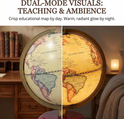 World Globe with Weighted Solid Wood Base - 8" HD Printing Illuminated Antique Desk Decor - Flicker-Free Eye-Care LED Light Up Vintage Globe - Sturdy Metal Meridian World Sphere for Adults & Kids in Saudi Arabia